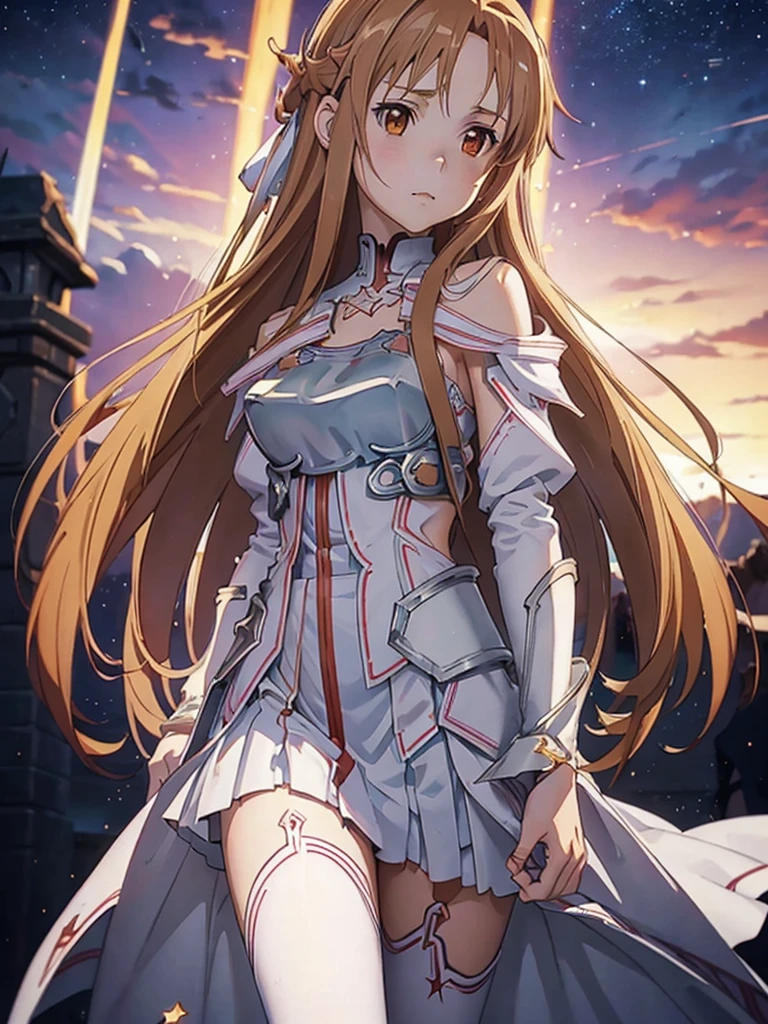 ((masterpiece)), ((Highest quality)), ((Super detailed)), 4K, 8K, High resolution, abyss, girl, (((Asuna, star))), Serious expression, Finding, View your viewers, Looking to the future, Unfinished garment, With sword, Epic battle scenes, Dark fantasy, anime, 2d anime, Concept Art, Cowboy Shot, from the front, From below, darkness, Depth of written boundary