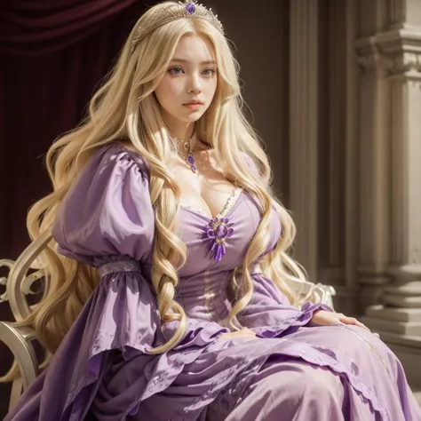 a close-up of a large-breasted woman in a purple plunging dress sitting on a chair, princess with very long blonde hair, ((a bea...