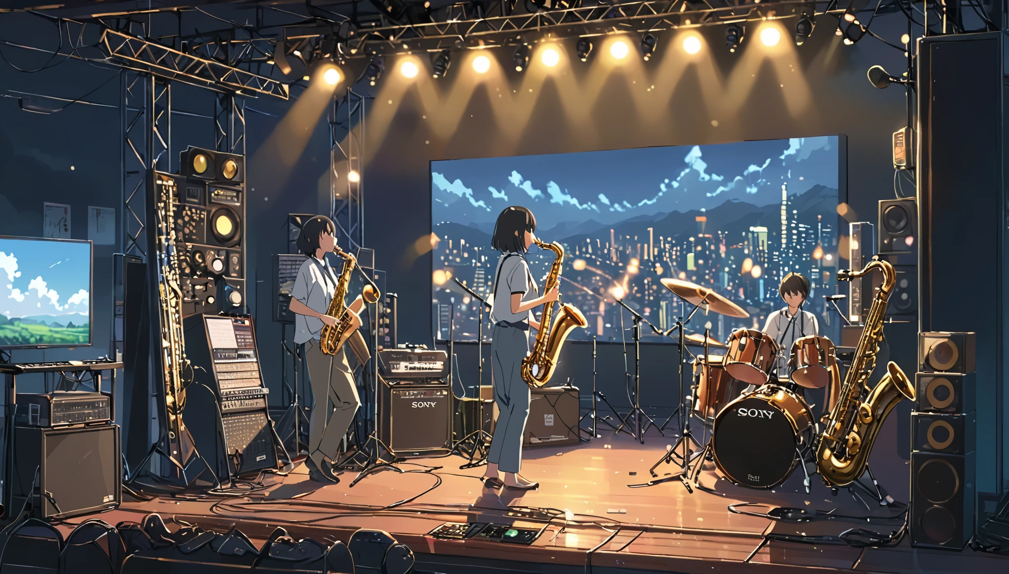 ((Anime: 1.4, Illustration)), (Masterpiece, Top Quality, Best Quality), (Ultra-Detailed, Absolutely Resolution), ((16k, HIGH RES)) (Jazz, Saxophone, Stage, Mood Lights), ( Anime: 1.4, Illustration)), (Masterpiece, Top Quality, Best Quality), (Ultra-Detailed, Absolutely Resolution). Ak {Lofi Art, Style of Laurie Greasley, Style of Makoto Shinkai, Anime Aesthetic}, BREAK {(Produces IMAGES WITH ITH INFORMATION THAN 40 Million Pixels with Cinematic-Like Detailed Textures S Hot on a Sony slur).}