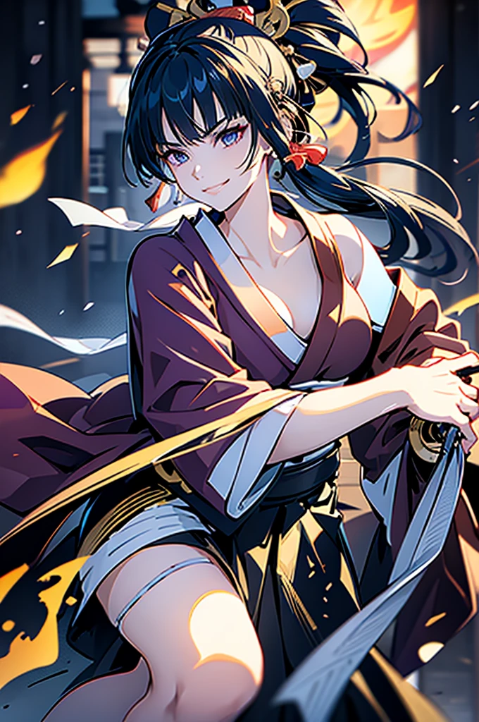 roll up bandage on a  chest tightly to cover the chest without gaps under kimomo, Japanese Gangster BOSS, adult woman with the dignified presence, Killing Qi, wear the kimono, ((kimono come off)) ,wear the kimono multiple times, Bare shoulders and the clavicle, black and gold kimono, put on over jacket of kimono, holding a japanese sword which shine in purple, long sword, eye fire, low angle, whole body, bandage is seen, anime character, inappropriate smile, off sholder, nappropriate smile, Excellent, black blue hair, can see both shoulder