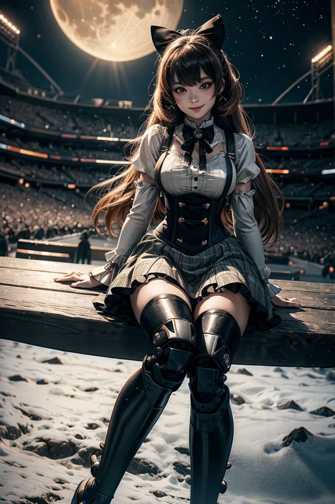 cowboy shot, (dynamic pose), smile,  underbust, Penny Polendina, long hair, neck ribbon, suspender skirt, corset, black bow, white blouse, mechanical legs, neon trim, sitting, in sport stadium, spectators, crowd, BREAK night, stars, moon, snow, BREAK  (volumetric lighting), intricate details, tonemapping, sharp focus, hyper detailed

