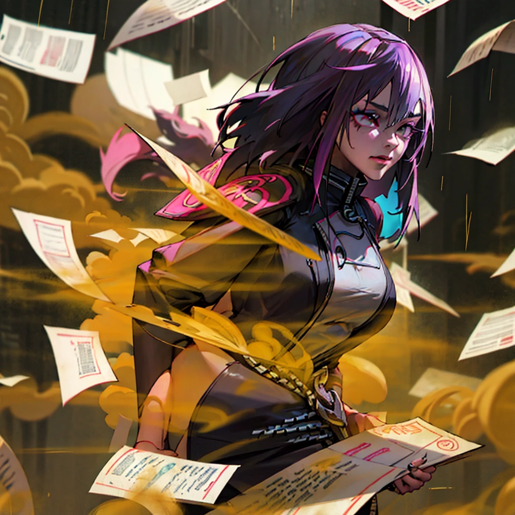 kindred(league of legends), 1girl, solo, breasts, yellow_eyes, upper_body, looking_to_the_side, makeup, zipper, rain, paper, nose, open clothes, paper jutsu, upper body, akatsuki outfit, labret piercing 