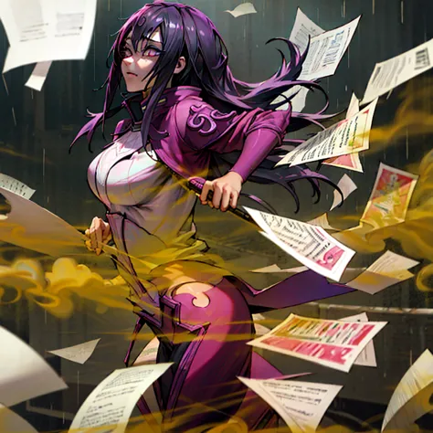 kindred(league of legends), 1girl, solo, breasts, yellow_eyes, upper_body, looking_to_the_side, makeup, zipper, rain, paper, nos...