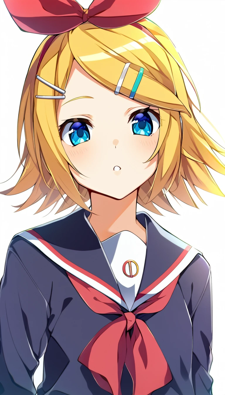 one girl, Kagamine Rin, Vocaloid, blue eyes, simple background, sailor collar, hair clip, hair bow, fourteen years old