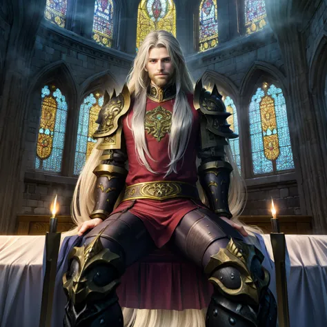 draego, a medieval knight in shining armor, (long hair:1.2), sitting in a throne in front of an altar in a large cathedral, dram...