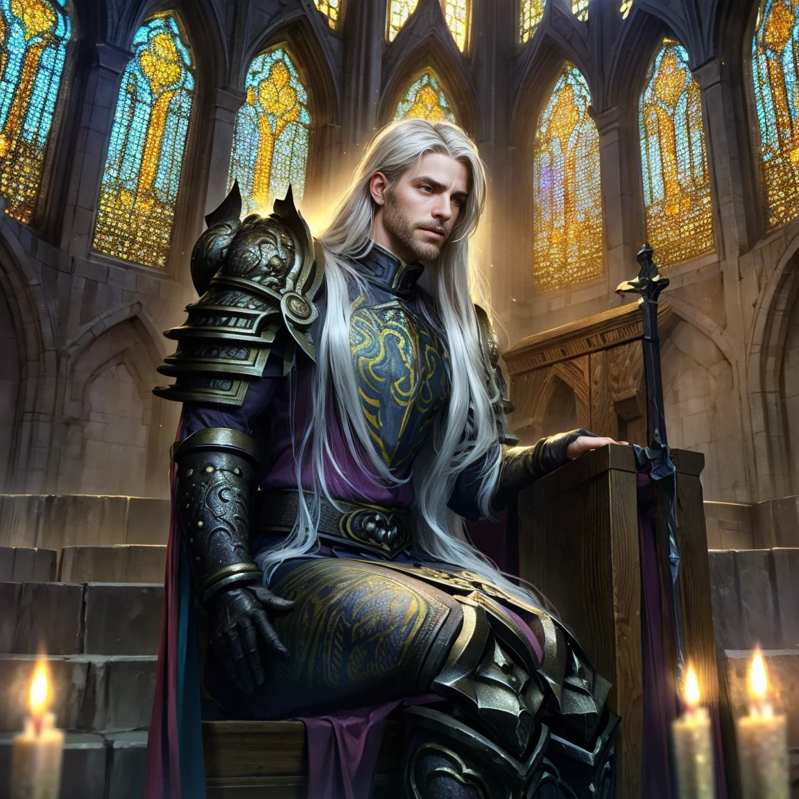 Draego, a medieval knight in shining armor, (long hair:1.2), sitting in a throne in front of an altar in a large cathedral, dramatic backdrop, high contrast, wide angle lens, vibrant colors, serene, detailed intricate armor, flowing cape, determined facial expression, sunlight streaming through stained glass windows, ornate altar with candles, dramatic shadows, cinematic composition, photorealistic, 8k, hyper detailed, masterpiece
