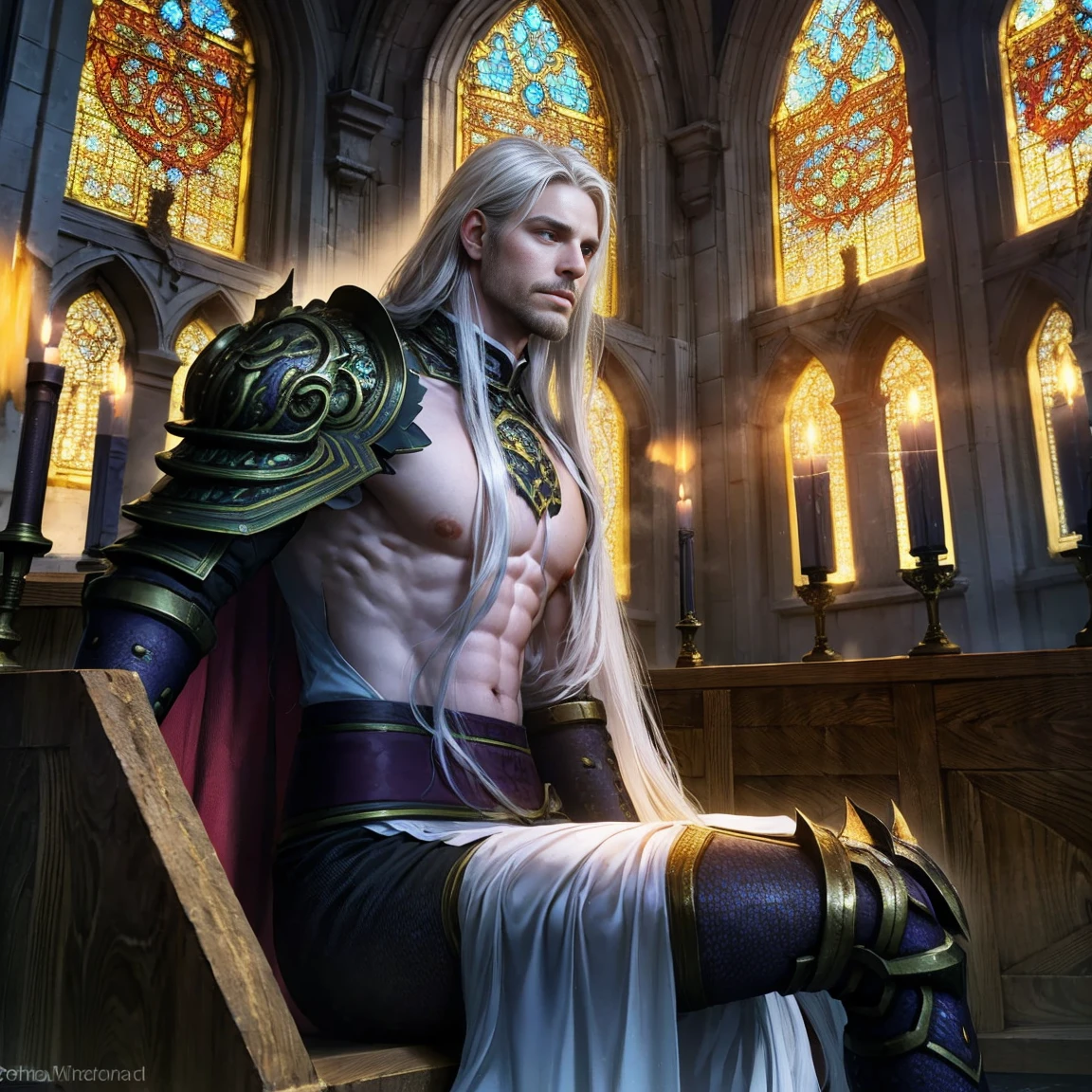 Draego, a medieval knight in shining armor, (long hair:1.2), sitting in a throne in front of an altar in a large cathedral, dramatic backdrop, high contrast, wide angle lens, vibrant colors, serene, detailed intricate armor, flowing cape, determined facial expression, sunlight streaming through stained glass windows, ornate altar with candles, dramatic shadows, cinematic composition, photorealistic, 8k, hyper detailed, masterpiece
