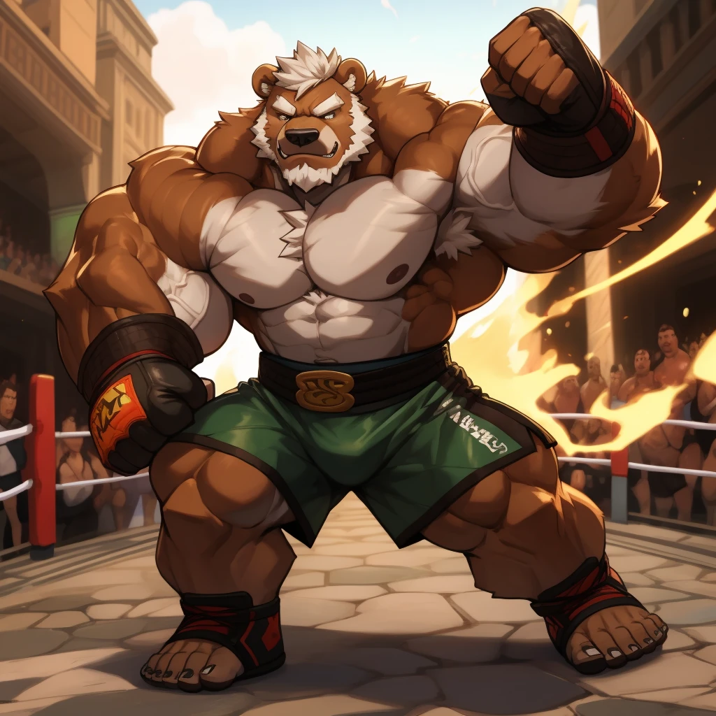 solo, 1boy, Huge Muscular Old Grizzly Bear wearing kickboxing MMA belt , thick pectoral, thick arms, huge pectoral, wide pectoral, hige brown fur, short white hair, Kickboxing MMA shorts, kickboxing MMA gloves, Kickboxing MMA Footwear 5 toes and shirtless, bearded, Kickboxing Martial Arts Cage Tournament background, masterpiece, semirealistic:1.2, high detailed, 8k, high resolution, uppercut punch