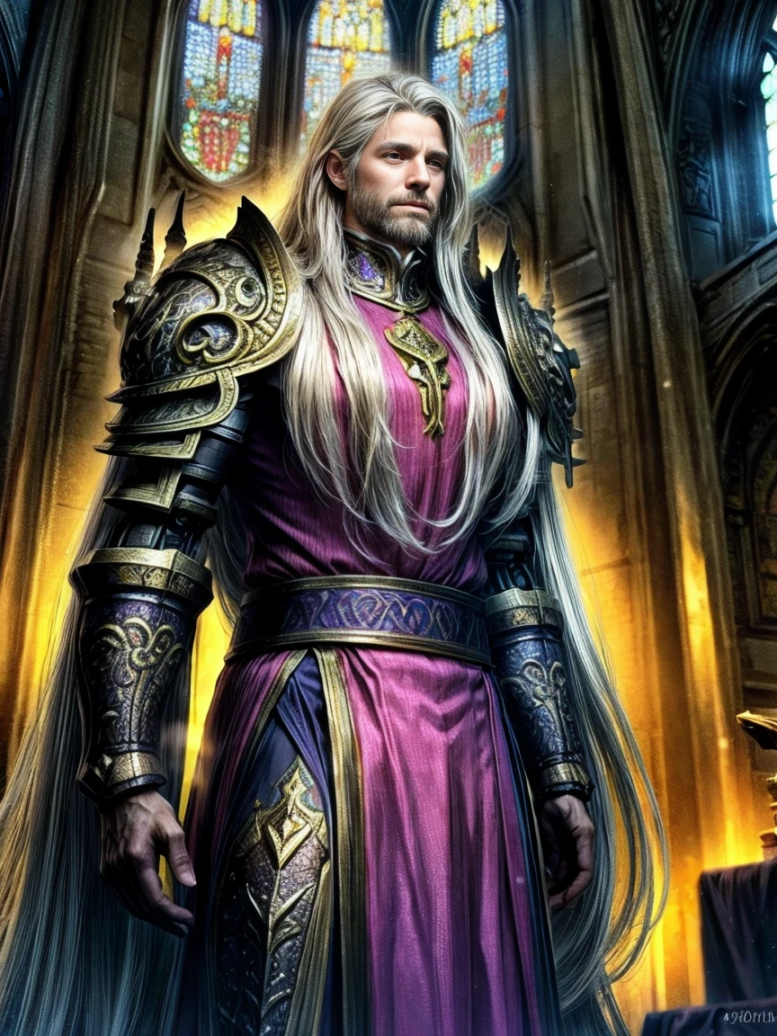 Draego, a medieval knight in shining armor, (long hair:1.2), standing in front of an altar in a large cathedral, dramatic backdrop, high contrast, wide angle lens, vibrant colors, serene, detailed intricate armor, flowing cape, determined facial expression, sunlight streaming through stained glass windows, ornate altar with candles, dramatic shadows, cinematic composition, photorealistic, 8k, hyper detailed, masterpiece
