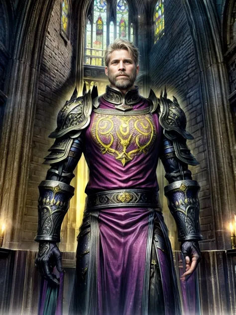 draego,  a medieval knight in shining armor, standing in front of an altar in a large cathedral, dramatic backdrop, high contras...