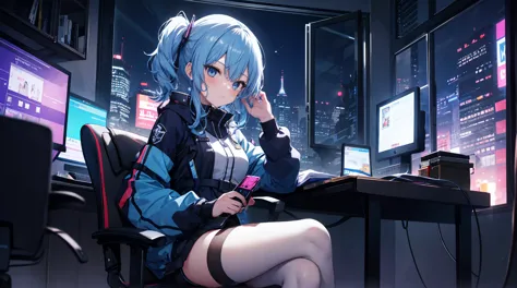 one-girl，byself，Girl with medium straight blue hair，dishiveredhair，hair straight，blue color eyes，cyber punk personage,the night，...