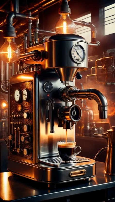 (Many Pipes AI:1.2) ,CoalPunk AI Coffee Machine  (Very detailed, A stunning retro-futuristic setting), (Shiny striking lighting)...