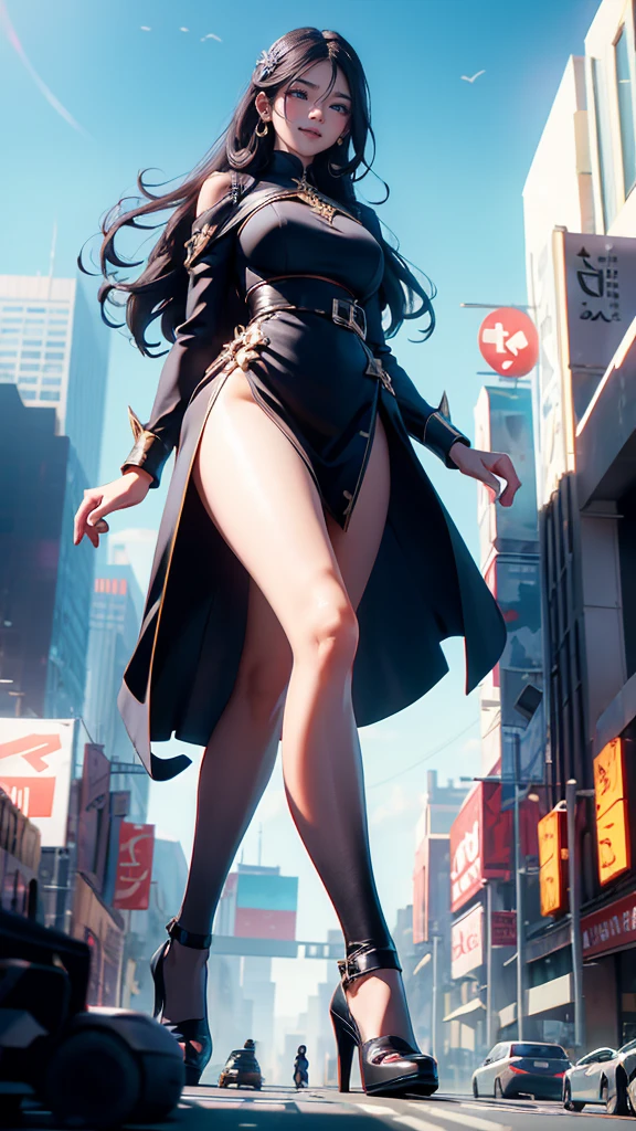 Ground View，giantesscity,giant girl 500 feet high，skyscrapers,Have a pair of ultra long legs,stepping in the crowd，many people in street,a pair of huge breasts，Princesini skirt,black silk socks，Has black waist-length hair，Wearing a pair of Mary Jane heels，A look of enjoyment，standing on a ruins，Beautiful appearance，Exquisite makeup，quality，8k，高quality，Perfect proportion, Cinema lighting，film grain，Fuji colors，8k，textured skin，Super details，high detail，high quality，high resolution，explode，fake smile