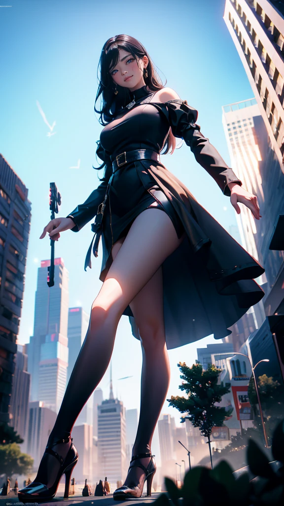 Ground View，giantesscity,giant girl 500 feet high，skyscrapers,Have a pair of ultra long legs,stepping in the crowd，many people in street,a pair of huge breasts，Princesini skirt,black silk socks，Has black waist-length hair，Wearing a pair of Mary Jane heels，A look of enjoyment，standing on a ruins，Beautiful appearance，Exquisite makeup，quality，8k，高quality，Perfect proportion, Cinema lighting，film grain，Fuji colors，8k，textured skin，Super details，high detail，high quality，high resolution，explode，fake smile