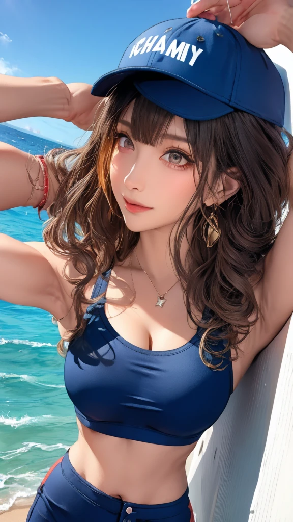 masterpiece, highest quality, pixiv, cool girl, the strongest sports girl, basketball, Popular Characters, baseball cap, Stylish sunglasses, Cute bra and panties, dark brown hair, curly hair, dull bangs, straight bangs, color contact lens eyes, gal, Improve、Heavy Big 、、blue sea、The best oceans、Luxury quality、royalty、The best oceans