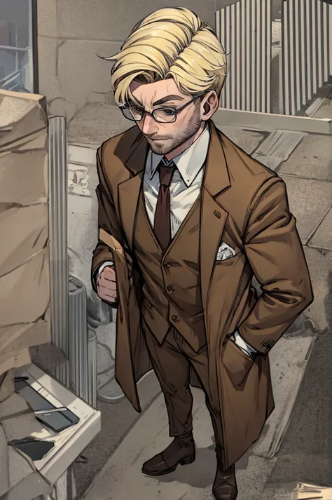 man with blonde hair wearing a brown suit and overcoat, whole body