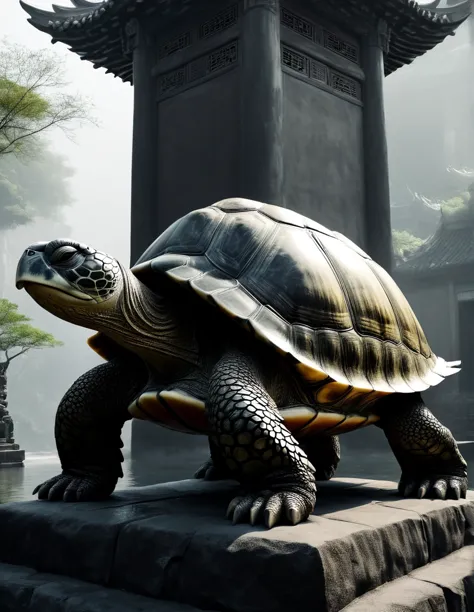 A turtle，A huge ancient Chinese Huabiao pillar，lightand shade contrast，Black and White Ultra HD Photography, Hard keys，Side seam...