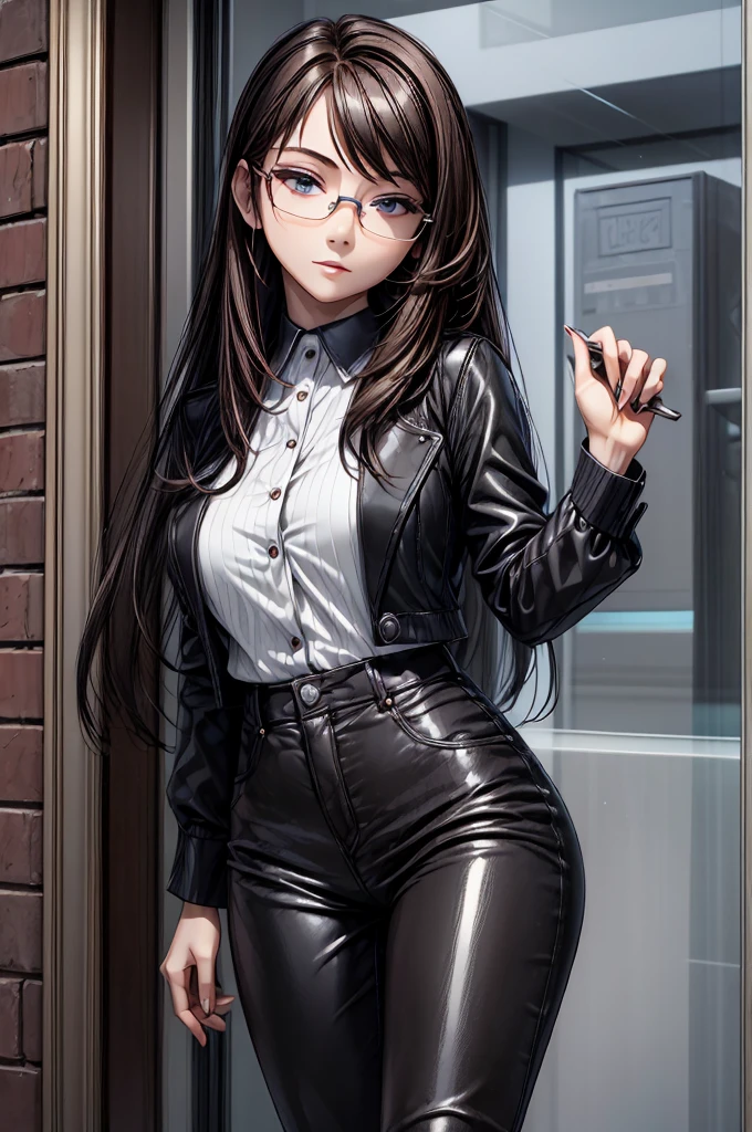 (masterpiece, best quality:1.2), detailed face, detailed eyes, elegant woman, long hair, high heeled,shiny skin,welcomes you at the door, Shirt, pants,random colar, ponitail hair,cool attitude,cool glasses,exciting,cool, perfect hand:1