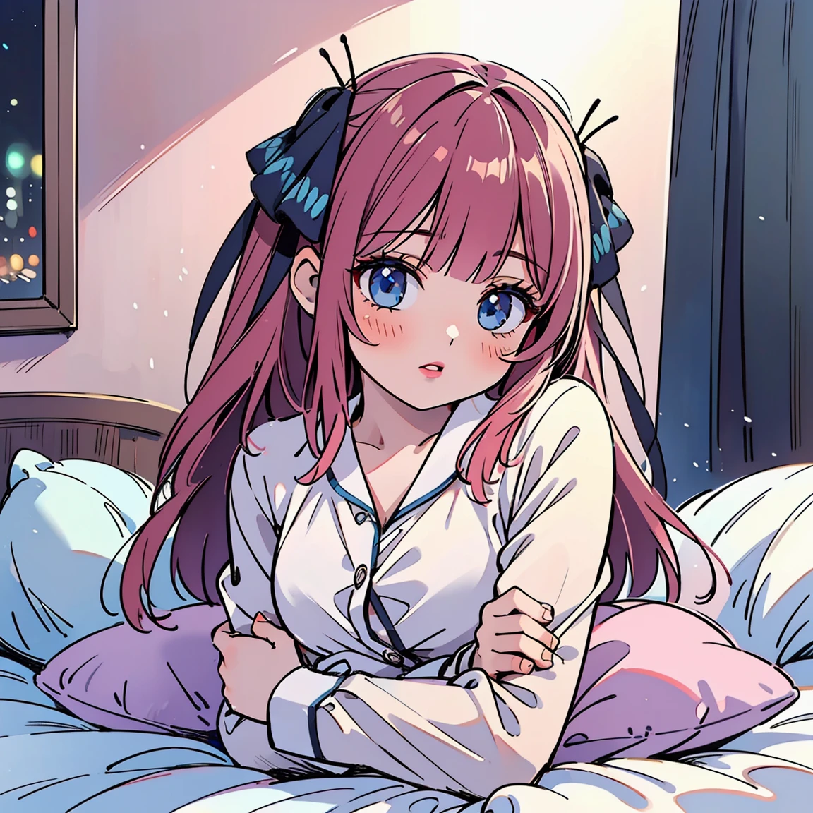 a cute  doll in pajamas, photorealistic, beautiful detailed eyes, beautiful detailed lips, extremely detailed face, longeyelashes, 1girl, sitting on bed, having pajama , warm night lighting, soft pastel colors, cozy bedroom interior, plush toys, stuffed animals, decorative pillows, fuzzy blankets, (best quality,4k,8k,highres,masterpiece:1.2),ultra-detailed,(realistic,photorealistic,photo-realistic:1.37),HDR,UHD,studio lighting,ultra-fine painting,sharp focus,physically-based rendering,extreme detail description,professional,vivid colors,bokeh, night time,magical nighr