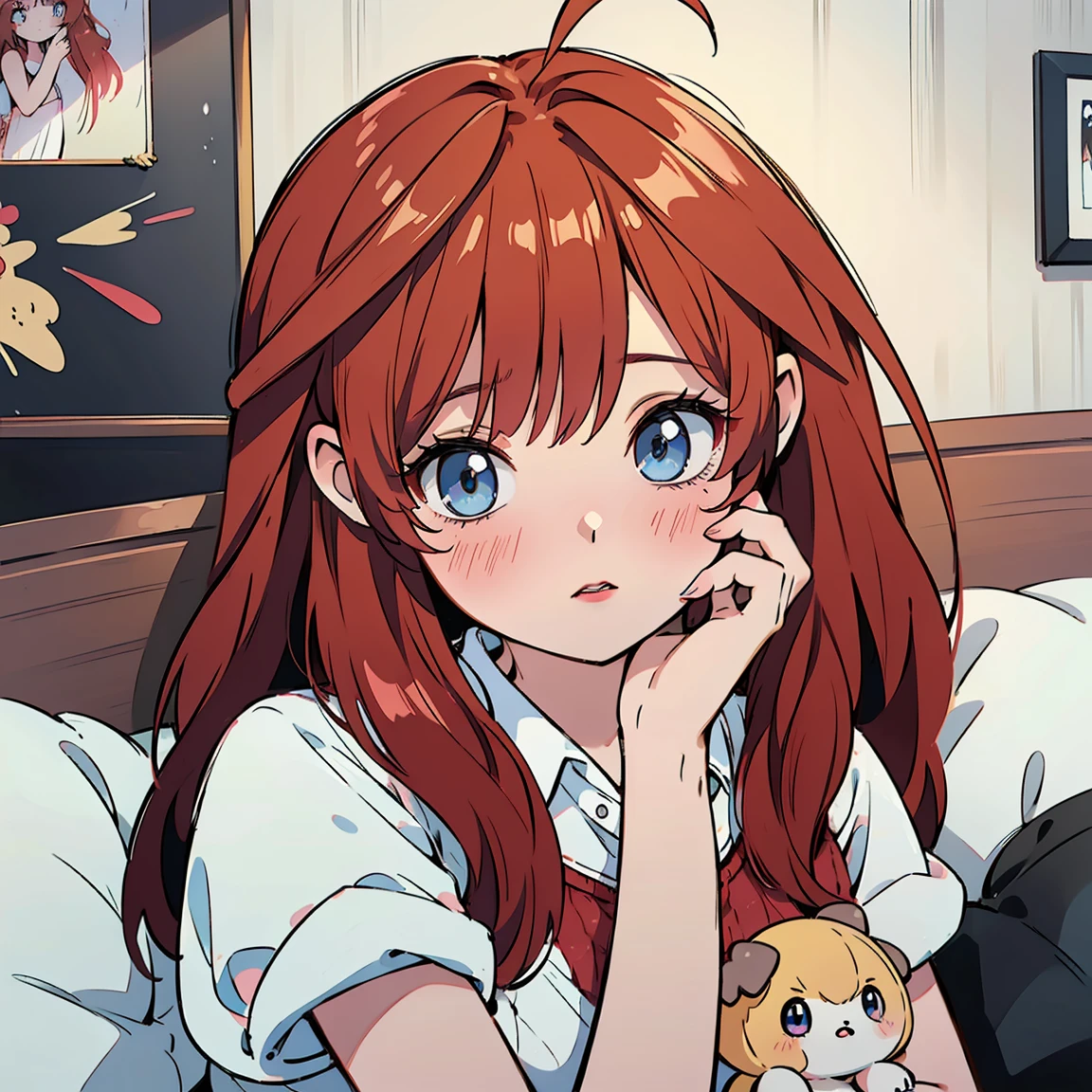 a cute  doll in pajamas, photorealistic, beautiful detailed eyes, beautiful detailed lips, extremely detailed face, longeyelashes, 1girl, sitting on bed, having pajama , warm lighting, soft pastel colors, cozy bedroom interior, plush toys, stuffed animals, decorative pillows, fuzzy blankets, (best quality,4k,8k,highres,masterpiece:1.2),ultra-detailed,(realistic,photorealistic,photo-realistic:1.37),HDR,UHD,studio lighting,ultra-fine painting,sharp focus,physically-based rendering,extreme detail description,professional,vivid colors,bokeh, messy girl, messy hair, itsuki nakano, 