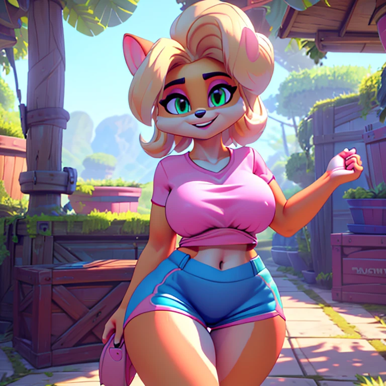 (masterpiece), ((perfect anatomy)), (high Res), (4k), bandicoot, green eyes, blonde hair, huge breast, wide hips, (((pink shirt))), (((pink shorts))), happy, ((((photo realistic artstyle)))), (((solo))), narrow waist