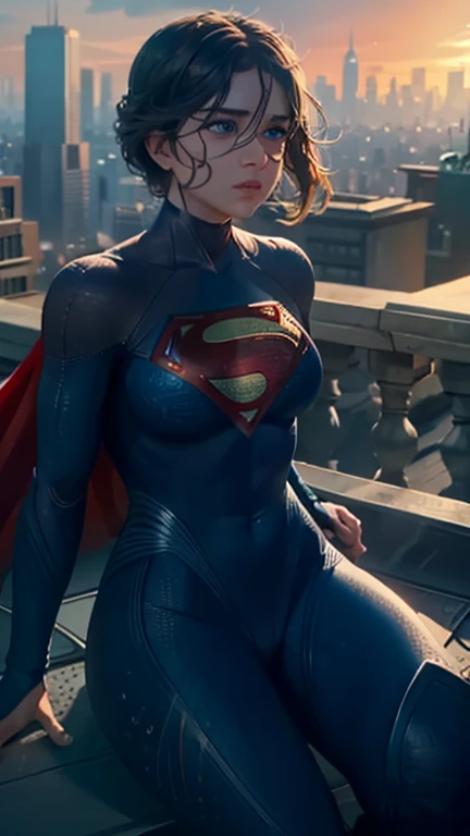 Super Girl, assis sur le toit d&#39;un immeuble, perdu dans une profonde réflexion, Regarder la ville, Oeil parfait, de beaux yeux très détaillés, beaux yeux bleu clair, les deux yeux sont semblables, belles lèvres détaillées, visage extrêmement détaillé, combinaison moulante détaillée de Supergirl, silhouette serrée, gros seins ronds, Seins bonnet D, buste serré, pose dynamique, Éclairage cinématographique, paysage urbain épique, ambiance maussade, ombres dramatiques, couleurs vives, Photoréaliste, 8k, Meilleure qualité, hyper détaillé, chef-d&#39;œuvre