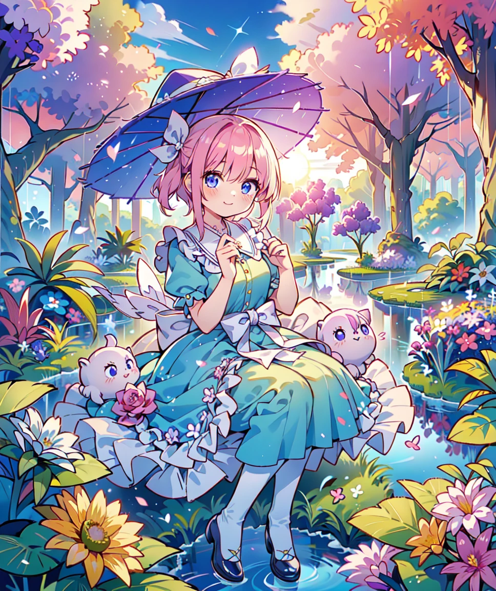 Ichika nakano, magical photography, deep focus bokeh, dressed as sweetie belle from my little pony, solo, 1 girl, in a mythical garden: 2.0, (short pink hair, coil curls: 2.5, dark blue heavenly eyes: 1.5, wearing a green and white dress, happy: 1.5, soft smile, ethereal surroundings?  ((ultra realistic high quality top quality 4k)),: 3.0, bright day, jacaranda trees:, wearing a white summer hat with purple ribbon, summer dress with flower patterns, dainty features: 2.0,  like features: 2.0, pure white skin highly detailed legging, purple heel, shiny hair, slightly shiny skin, sun rise, morning, shining ponds, lavender flower everywhere, shining eyes, soft gentle smile