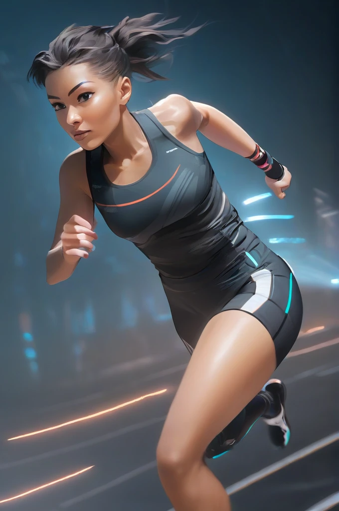 Forward sprint, Cyberpunk Athlete, Expressing Beyond Acceleration with Motion Blur, A woman&#39;Flexible and supple muscles, Amazing explosive power, Looking at the audience, Moderately tight abdominal muscles, Charming cleavage, Slim and sexy figure, Use the whole body to achieve an aesthetic leap, Get closer to your audience, BREAK Watching the audience with a charming gaze, 