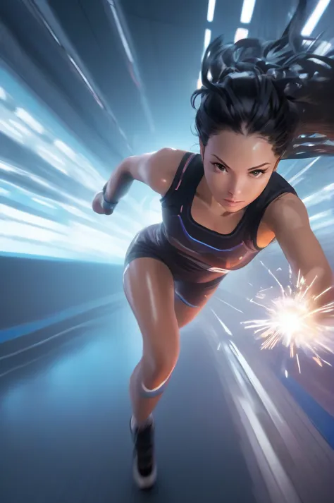 forward sprint, cyberpunk athlete, expressing beyond acceleration with motion blur, a woman&#39;flexible and supple muscles, ama...