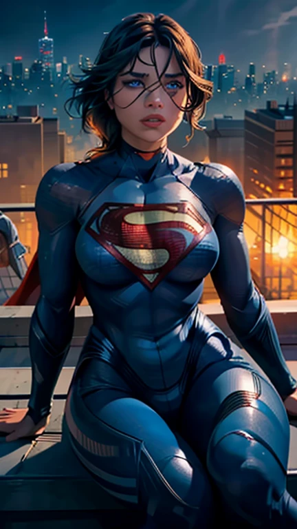 Super Girl, assis sur le toit d&#39;un immeuble, perdu dans une profonde réflexion, Regarder la ville, Oeil parfait, de beaux yeux très détaillés, beaux yeux bleu clair, les deux yeux sont semblables, belles lèvres détaillées, visage extrêmement détaillé, combinaison moulante détaillée de Supergirl, silhouette serrée, gros seins ronds, Seins bonnet D, buste serré, pose dynamique, Éclairage cinématographique, paysage urbain épique, ambiance maussade, ombres dramatiques, couleurs vives, Photoréaliste, 8k, Meilleure qualité, hyper détaillé, chef-d&#39;œuvre