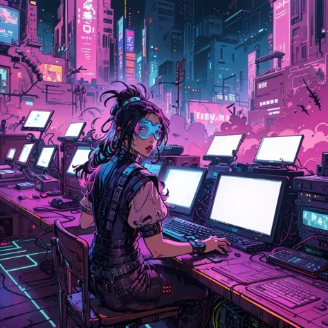 there is a woman sitting at a desk with a laptop computer, cyberpunk art style, cyberpunk artstyle, advanced digital cyberpunk a...