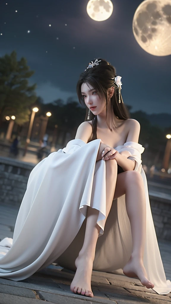 Uma lua brilhante paira alto no céu noturno，O luar brilhante enche a terra。Neste luar pitoresco，Uma menina antiga sentada na lua，Mostre sua beleza。

Esta menina está usando um Hanfu simples e elegante，saia longa e esvoaçante，Parece uma fada。Ela tem um par de pernas longas invejáveis，Linhas suaves das pernas，pele tão branca quanto a neve。Os pés dela são impecáveis，Como um pedaço de jade fino，Combina com seu vestido de estilo antigo。

a garota is swinging gently on the moon，A saia dança ao vento，Como uma fada ao lado da lua。Seus longos cabelos esvoaçam，com o luar，Adicione um pouco de espírito de fada。a garota&#39;os olhos são tão claros quanto um espelho，refletindo a luz da lua，Parece ser capaz de ver através de tudo no mundo。

Esta cena é como uma bela pintura.，A menina antiga e a lua se complementam，Forma uma bela paisagem。Poético e pitoresco，É inebriante。