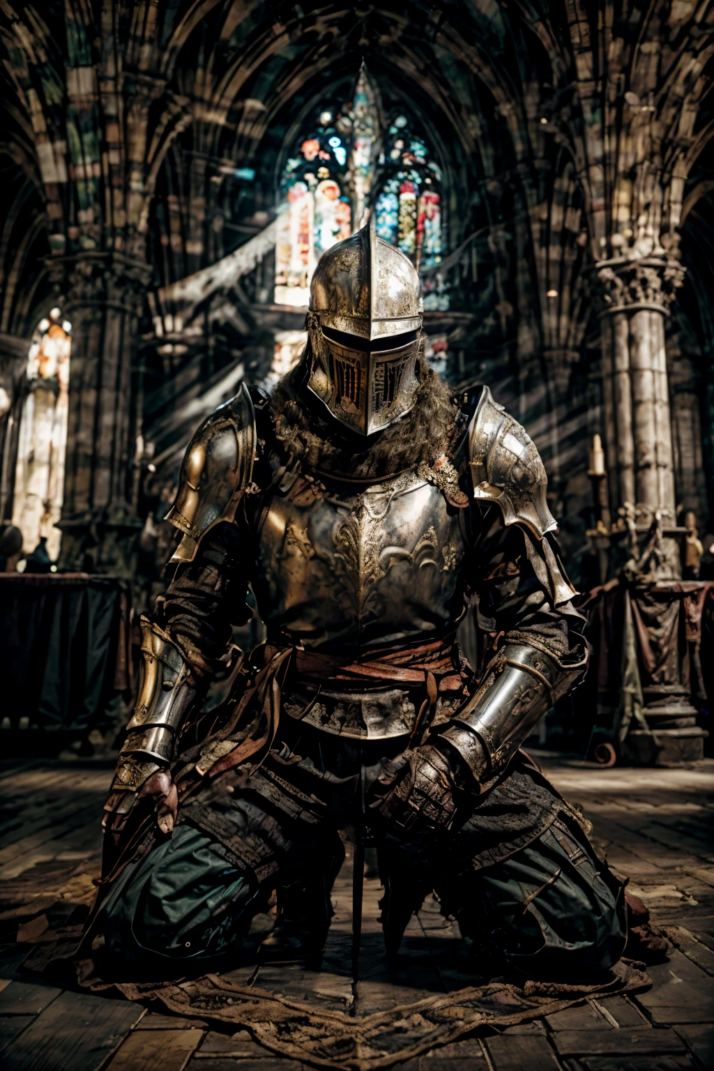 A medieval knight in shining amour, kneeling and praying at an altar in a large cathedral, dramatic backdrop, high contrast, wide angle lens, vibrant colours, wide angle, serene, thoughful, large open