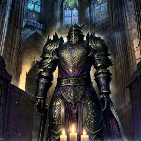 draego,  a medieval knight in shining armor, standing in front of an altar in a large cathedral, dramatic backdrop, high contras...