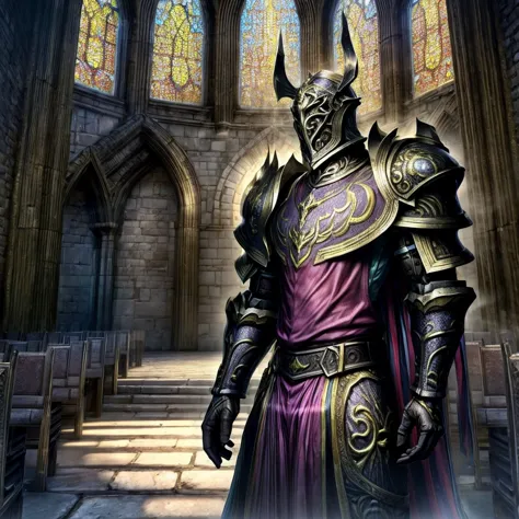 draego,  a medieval knight in shining armor, standing in front of an altar in a large cathedral, dramatic backdrop, high contras...