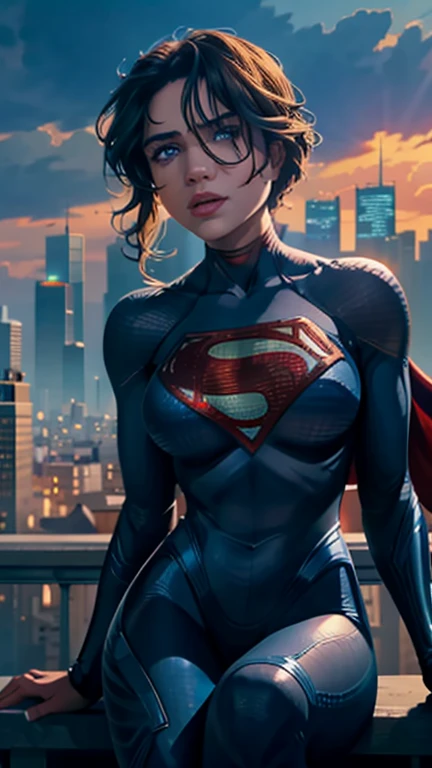 Super Girl, assis sur le toit d&#39;un immeuble, perdu dans une profonde réflexion, Regarder la ville, Oeil parfait, de beaux yeux très détaillés, beaux yeux bleu clair, les deux yeux sont semblables, belles lèvres détaillées, visage extrêmement détaillé, combinaison moulante détaillée de Supergirl, silhouette serrée, gros seins ronds, Seins bonnet D, buste serré, pose dynamique, Éclairage cinématographique, paysage urbain épique, ambiance maussade, ombres dramatiques, couleurs vives, Photoréaliste, 8k, Meilleure qualité, hyper détaillé, chef-d&#39;œuvre