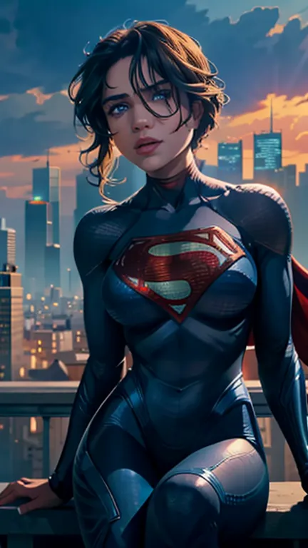 supergirl, sitting on a rooftop building, lost in deep thought, looking at the city, perfect eye, beautiful highly detailed eyes...