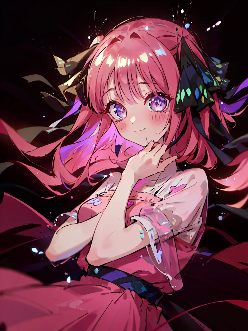 Nino nakano, looking at viewer, happy surprised face, sparkling eyes, smile, joyful cheery smile, happy, overflowing joy, pink silky hair, hair ribbons, (masterpiece:1.2), best quality, high resolution, unity 8k wallpaper, (illustration:0.8), (beautiful detailed eyes:1.6), extremely detailed face, perfect lighting, extremely detailed CG, (perfect hands, perfect anatomy),, sticker, head, minimal, head only, flat colours, simple lines