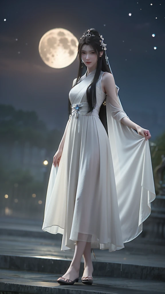 Une lune brillante est suspendue haut dans le ciel nocturne，Le clair de lune brillant remplit la terre。Dans ce clair de lune pittoresque，Une ancienne fille assise sur la lune，Montrez votre beauté。

Cette fille porte un Hanfu simple et élégant，jupe longue fluide，Ça a l&#39;air féerique。Elle a une paire de longues jambes enviables，Lignes de jambe lisses，peau blanche comme neige。Ses pieds sont impeccables，Comme un morceau de jade fin，Cela correspond à sa robe de style ancien。

la fille is swinging gently on the moon，La jupe danse dans le vent，Comme une fée à côté de la lune。Ses longs cheveux flottent，Avec le clair de lune，Ajoutez un peu d&#39;esprit féerique。la fille&#39;ses yeux sont aussi clairs qu&#39;un miroir，reflétant la lumière de la lune，Semble pouvoir voir à travers tout dans le monde。

Cette scène est comme une belle peinture.，La fille antique et la lune se complètent，Cela forme un beau paysage。Poétique et pittoresque，C&#39;est enivrant。