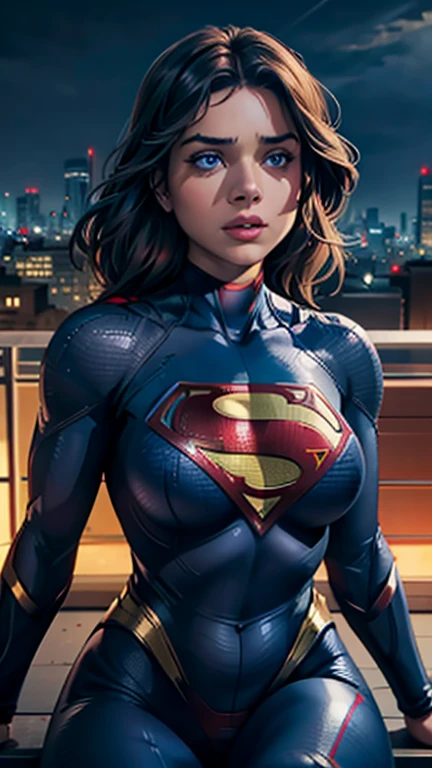 Super Girl, assis sur le toit d&#39;un immeuble, perdu dans une profonde réflexion, Regarder la ville, Oeil parfait, de beaux yeux très détaillés, beaux yeux bleu clair, les deux yeux sont semblables, belles lèvres détaillées, visage extrêmement détaillé, combinaison moulante détaillée de Supergirl, silhouette serrée, gros seins ronds, Seins bonnet D, buste serré, pose dynamique, Éclairage cinématographique, paysage urbain épique, ambiance maussade, ombres dramatiques, couleurs vives, Photoréaliste, 8k, Meilleure qualité, hyper détaillé, chef-d&#39;œuvre