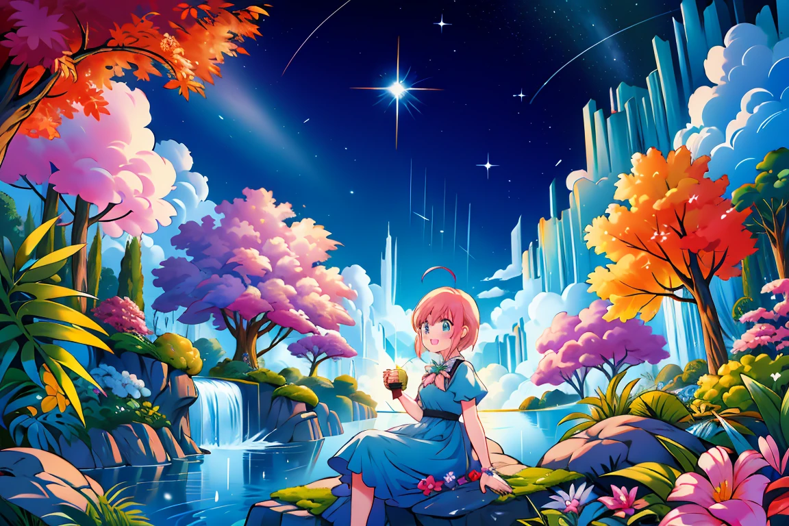 Scenery, light blue sky, 1girl, ichika sitting in the waterfalls, cloud, sitting on rocks in the middle of the waterfall, magical photography, ultra-detailed, 4k, Depth of field, High-resolution, outdoors, starry night sky, starts made of iridescent tears, pastel aesthetic colors, sfw, nakano_ichika, aaichika, Nakano ichika sitting in the waterfall, short silky pink hair, masterpiece, 4k, ultradetailed, cowboy shot, nakano ichika, blue eyes, sparkling eyes, green bowtie, veiled pretty iridescent dress, minimal dress, attractive confident smile, happy, cute, Official art、Beautifully Aesthetic:1.2)、(a beauty girl:1.3)、vivid colours、colourful, Soft Light, Deep Focus Bokeh, fantasy, galaxy, sparkling, splendid, colorful, dramatic lighting, intricate details, (1 girl, solo, alone), intricate details, sfw, nakano_ichika, sparkling eyes, laughing happily, crystal, fantasy, shimmering, sparkling, splendid, colorful, bright colours. fix her hands