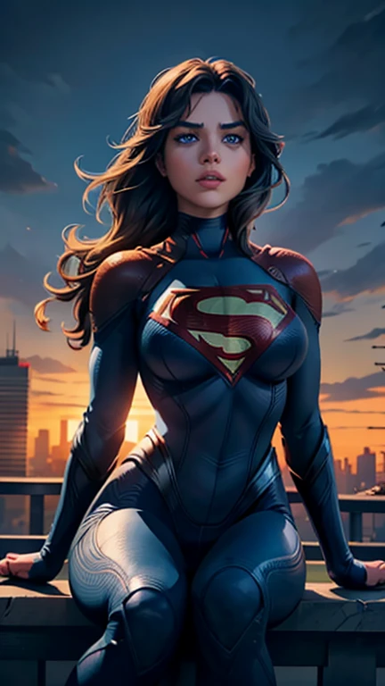 Super Girl, assis sur le toit d&#39;un immeuble, perdu dans une profonde réflexion, Regarder la ville, Oeil parfait, de beaux yeux très détaillés, beaux yeux bleu clair, les deux yeux sont semblables, belles lèvres détaillées, visage extrêmement détaillé, combinaison moulante détaillée de Supergirl, silhouette serrée, gros seins ronds, Seins bonnet D, buste serré, pose dynamique, Éclairage cinématographique, paysage urbain épique, ambiance maussade, ombres dramatiques, couleurs vives, Photoréaliste, 8k, Meilleure qualité, hyper détaillé, chef-d&#39;œuvre