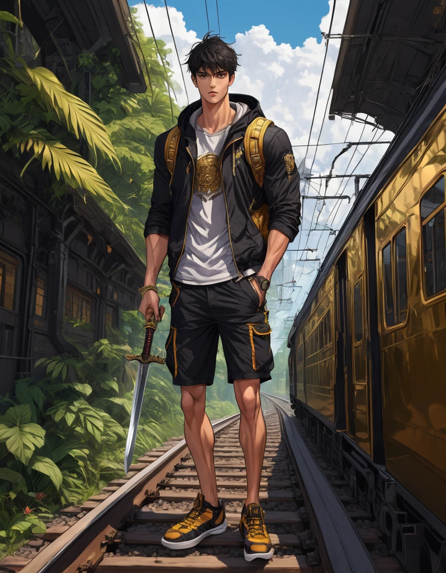 anime style, deep color palette, symmetrical composition, ultra-detailed artistic style, oil painting, full body, perfect composition, perfect anatomy, wearing small shorts, dramatic, natural lighting, a beautiful young man, handsome, tall, perfect feet, Latino, muscles Realistically detailed, body symmetry, he is furious sitting on the roof of a black and gold train locomotive and holding a sword, carrying a multicolored backpack, in a mix of downtown and jungle scenery
