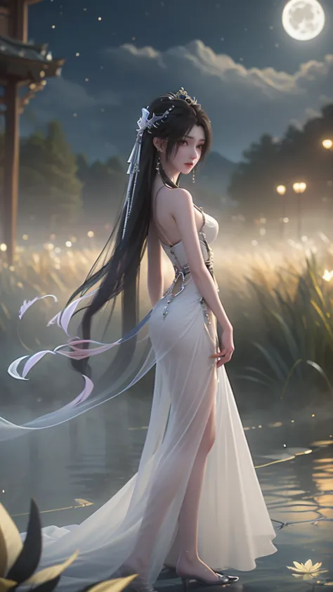 The moonlight is like water，Sprinkled with secluded paths。In this quiet night，A beautiful girl in Chinese clothes strolled throu...