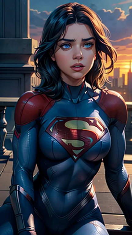 Super Girl, assis sur le toit d&#39;un immeuble, perdu dans une profonde réflexion, Regarder la ville, Oeil parfait, de beaux yeux très détaillés, beaux yeux bleu clair, les deux yeux sont semblables, belles lèvres détaillées, visage extrêmement détaillé, combinaison moulante détaillée de Supergirl, silhouette serrée, gros seins ronds, Seins bonnet D, buste serré, pose dynamique, Éclairage cinématographique, paysage urbain épique, ambiance maussade, ombres dramatiques, couleurs vives, Photoréaliste, 8k, Meilleure qualité, hyper détaillé, chef-d&#39;œuvre