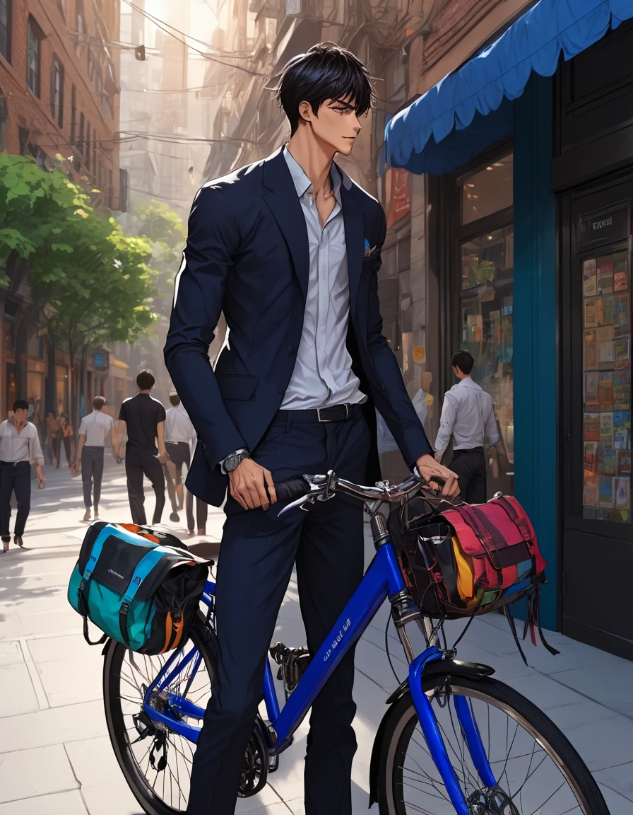 anime+hentai+yaoi style deep colors palette , simetryc composition, ultradetailed art style, oil painting, fullbody, perfect compositicion, perfect anatomy, wearing small litle shorts, dramatic, natural lighting, a young gorgeous, handsome, tall, perfect feet, latino , detailed realistic muscles, simetryc body, he is ridding a blue bicycle and holding a sort , carring a multicolor back bag, in a downtown scenario
