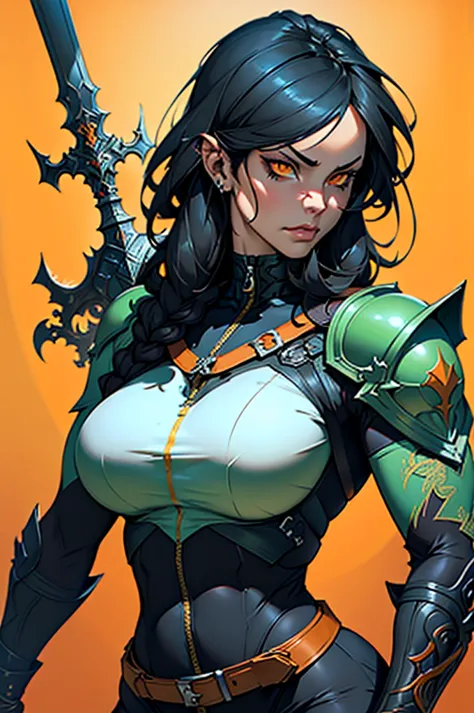 there is a woman (curvaceous, glowing orange eyes) with a sword and armor on a orange background, cyberpunk art by chen jiru, ar...