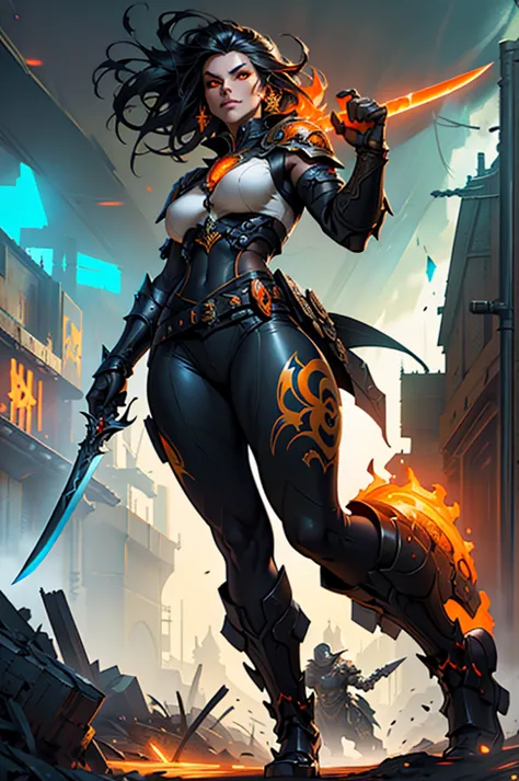 there is a woman (curvaceous, glowing orange eyes) with a sword and armor on a orange background, cyberpunk art by chen jiru, ar...