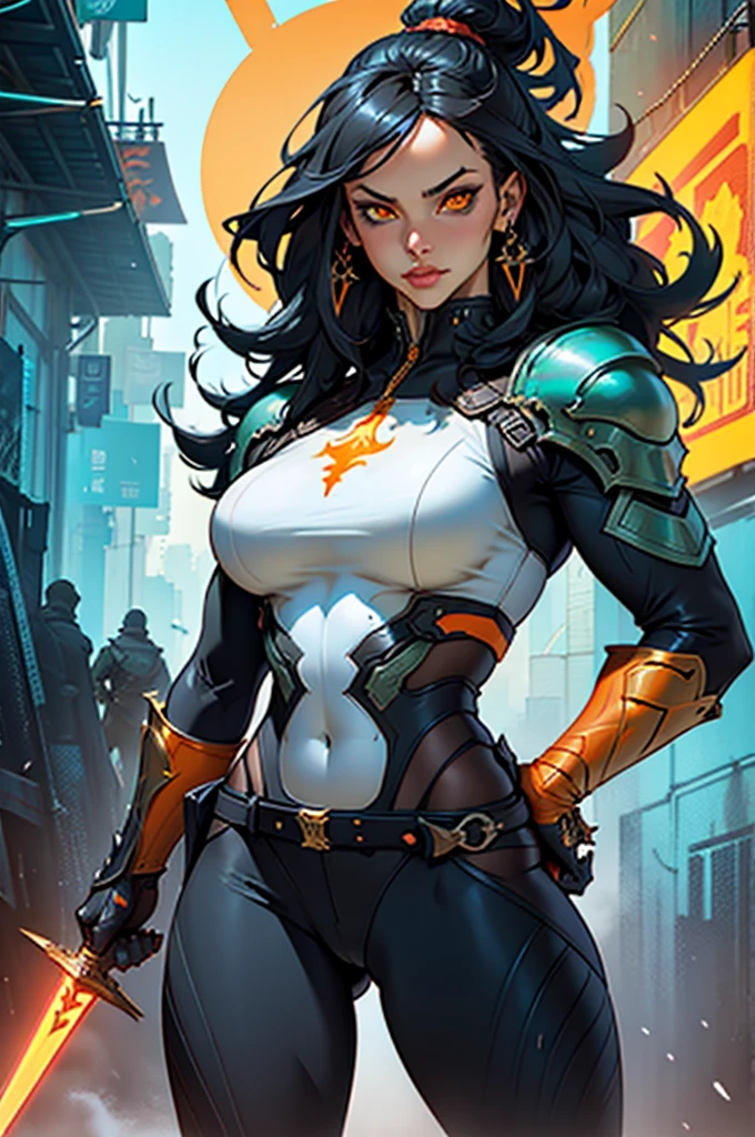 there is a woman (curvaceous, glowing orange eyes) with a sword and armor on a orange background, cyberpunk art by Chen Jiru, Artstation, fantasy art, artgerm craig mullins, epic exquisite character art, stunning character art, D&D Dark Sun character art, by ruan jia and stanley artgerm, peter mohrbacher artstyle, peter mohrbacher style