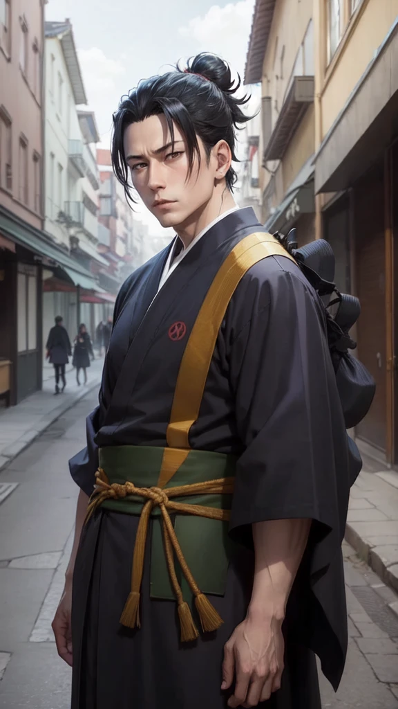 CHARACTER OF A PERSON WITH BLACK HAIR, LONG AGA, BROWN EYES, HANDSOME FACE, WEARING A KIMONO. NAMED "SUGURU GETO" IN THE ANIME STORY SERIES"(JUJUTSU KAISEN), IT STANDS IN THE MIDDLE OF A BEAUTIFUL CITY, WITH REALISTIC -8K HDR EFFECTS.